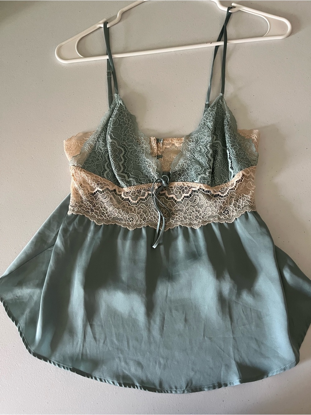 Victoria's Secret Seafoam blue Satin Cami with Cream Lace